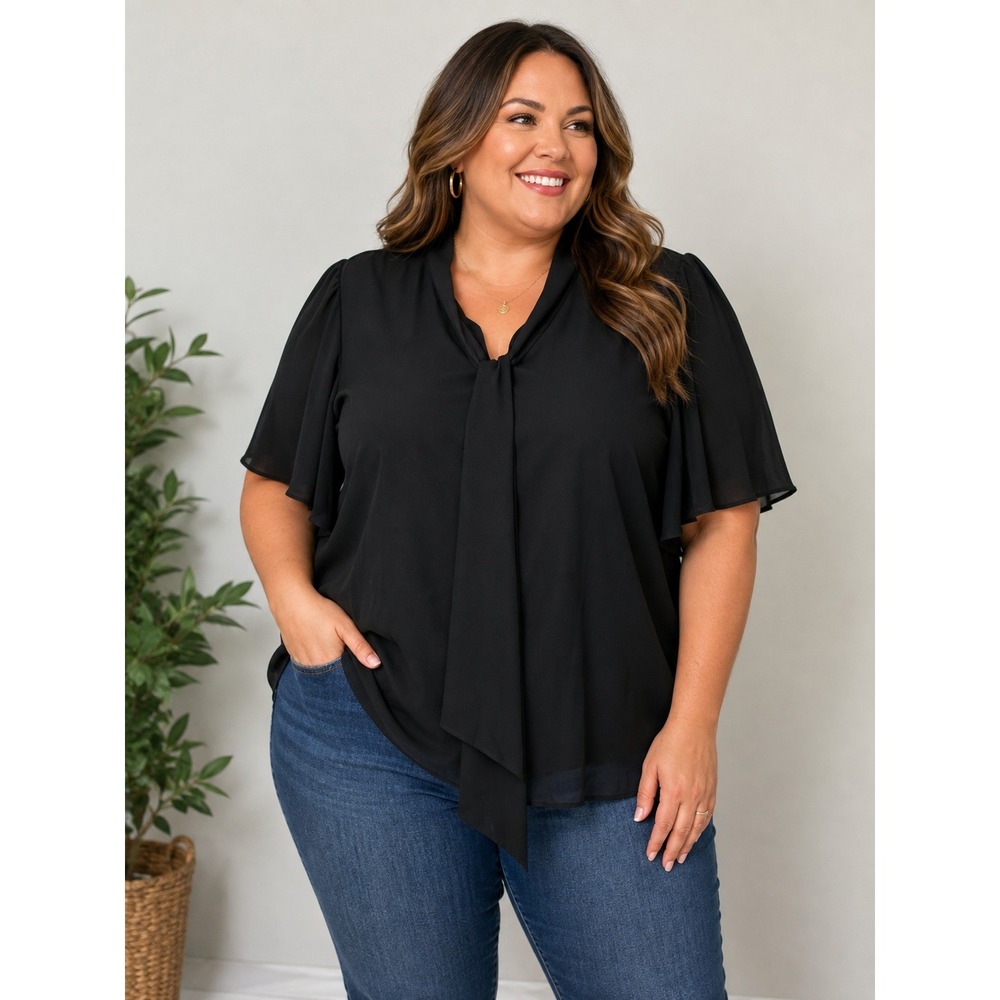 Eloquii Black Tie Neck Chiffon Blouse Flutter Sleeve Top Plus Size 16 NEW